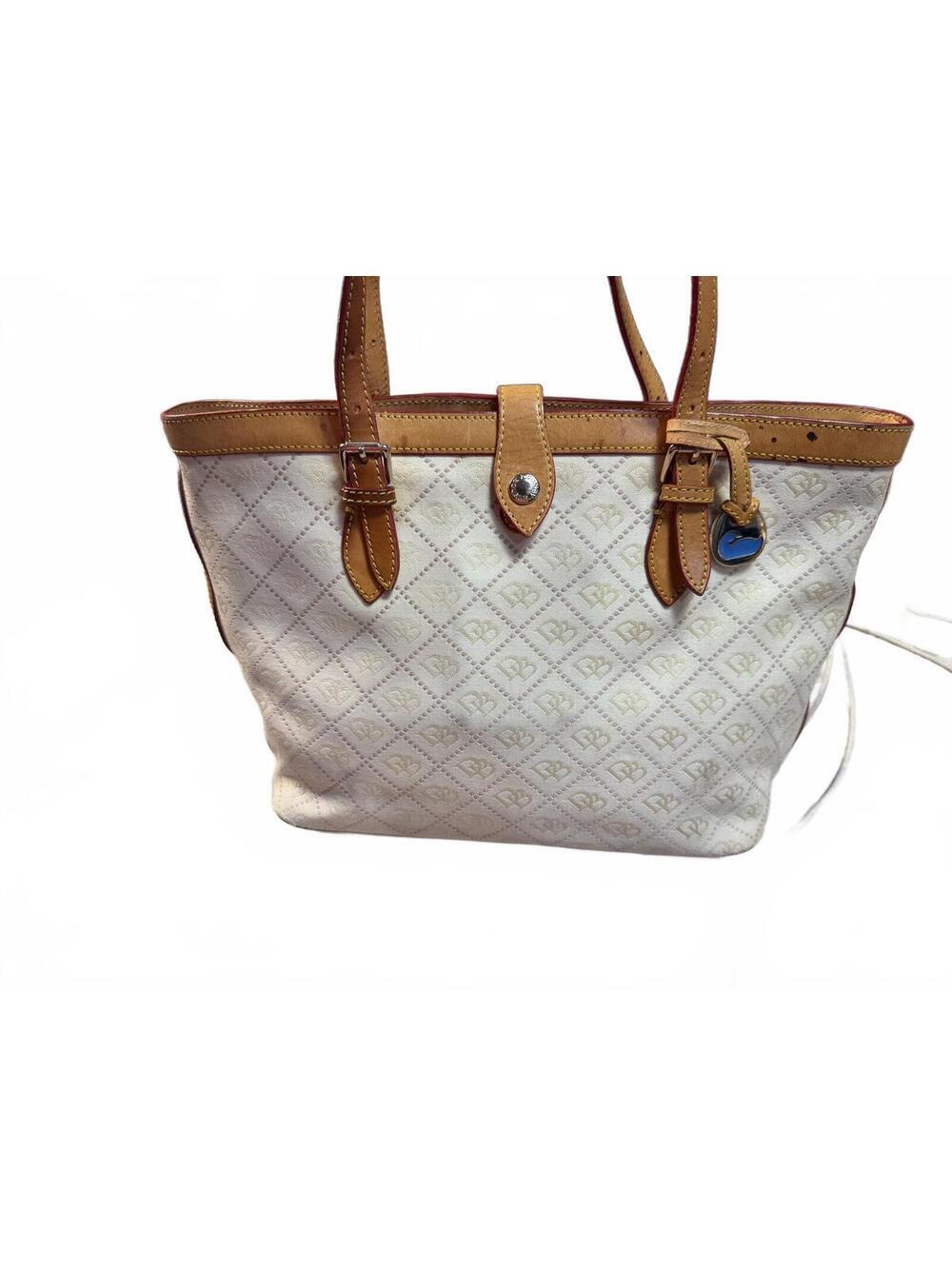 Dooney & Bourke Cream Monogram Diamond Print Leather Trim Tote Bag